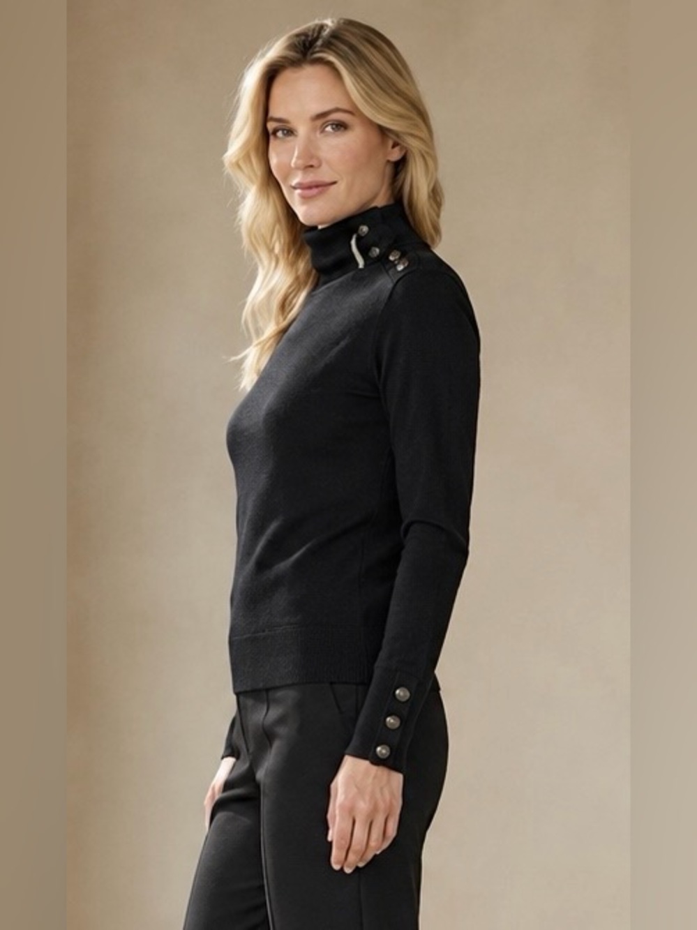 Club Monaco Black 100% Merino Wool Button
Turtleneck Sweater, Size Medium